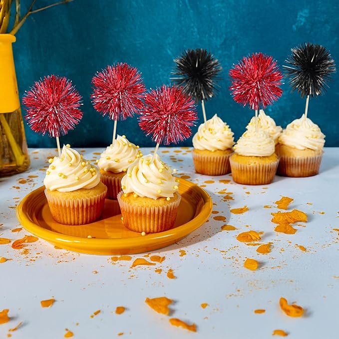 Gyufise 30Pcs Foil Firework Cupcake Toppers Sparkle Tinsel Cake Toppers Tinsel Drink Cake Decoration Cocktail Picks for Birthday Wedding Graduation Party Supplies Black Red