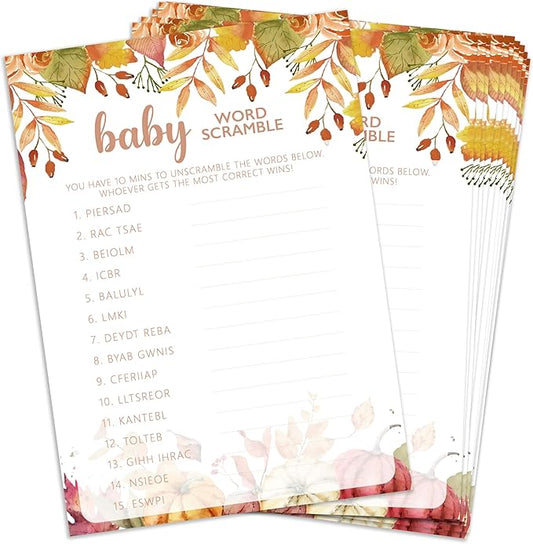 Baby Shower Games Cards, Autumn Word Scramble Game, Thanksgiving Boy or Girl Baby Gender Reveal Party Favors Decorations and Supplies, 25 Pcs Double-Sided - E07