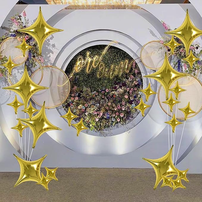 TONIFUL 30Pcs 26In&10In Star Balloons Large Gold Four Pointed Star Shape Foil Balloons Mini Star Mylar Balloons for Birthday Wedding Baby Shower Anniversary Engagement Party Decorations Supplies