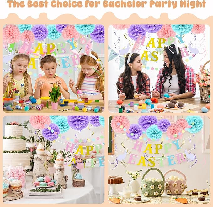 NISOCY Happy Easter Banner, Easter Decoration Happy Easter Sign Banner with Swirls Streamers and Honeycomb Balls for Indoor & Outdoor, Spring Easter Party Decorations