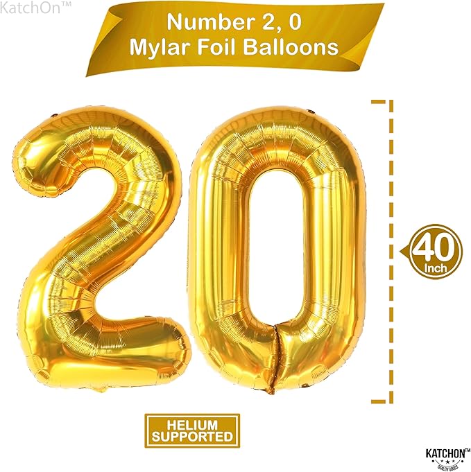 KatchOn, Gold 20 Balloon Numbers - Pack of 16 | Foil Balloon For 20th Birthday Decorations | 20th Anniversary Decorations | Gold Birthday Party Decoration