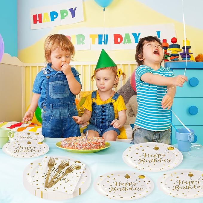 90PCS Happy Birthday Plates and Napkins Party Supplies, Disposable White Gold Dot Dessert Paper Plates Napkins with Forks Tableware Set Party Decorations for Girl Women Birthday Parties