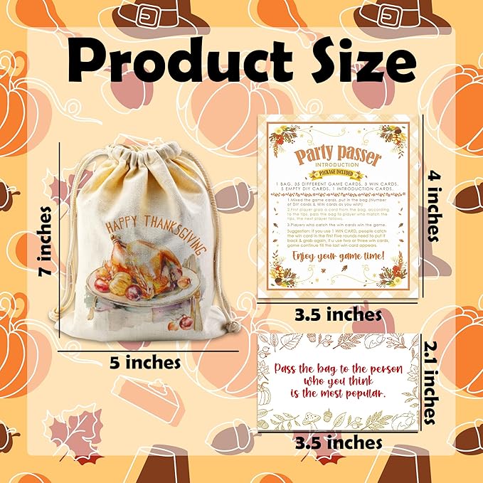 Thanksgiving Turkey Pass The Bag Game - 44 Fun Game Cards & 1 Turkey Canvas Bag - Thanksgiving Games for Friends Family, Holiday Gatherings - Fall Harvest Activity, Office & Home Party Supplies - A01