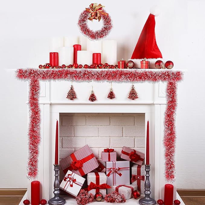 50FT Red White Christmas Tinsel Garland, Metallic Twist Xmas Garlands for Christmas Tree Decorations, Holiday Hanging Garlands for Mantel Staircase Indoor Outdoor Home Office Party Holiday Decor