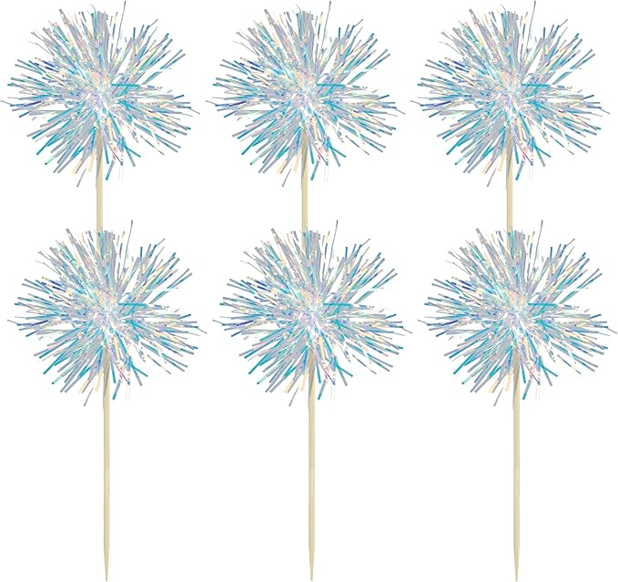 Gyufise 30Pcs Foil Firework Cupcake Toppers Sparkle Tinsel Cake Toppers Tinsel Drink Cake Decoration Cocktail Picks for Birthday Wedding Graduation Party Supplies Laser White