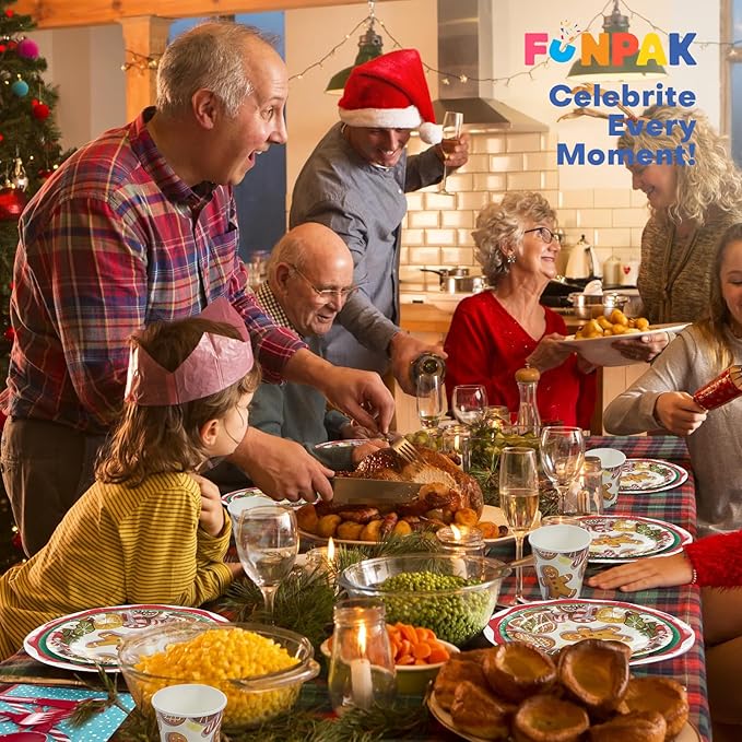 Christmas Dinnerware Sets of Paper Plates, Cups, Napkins & Cutlery for 25 Guests, Gingerbread House Disposable Party Plates,Kids Xmas Holiday Decorations Party Tableware Sets for School Family 175 pcs