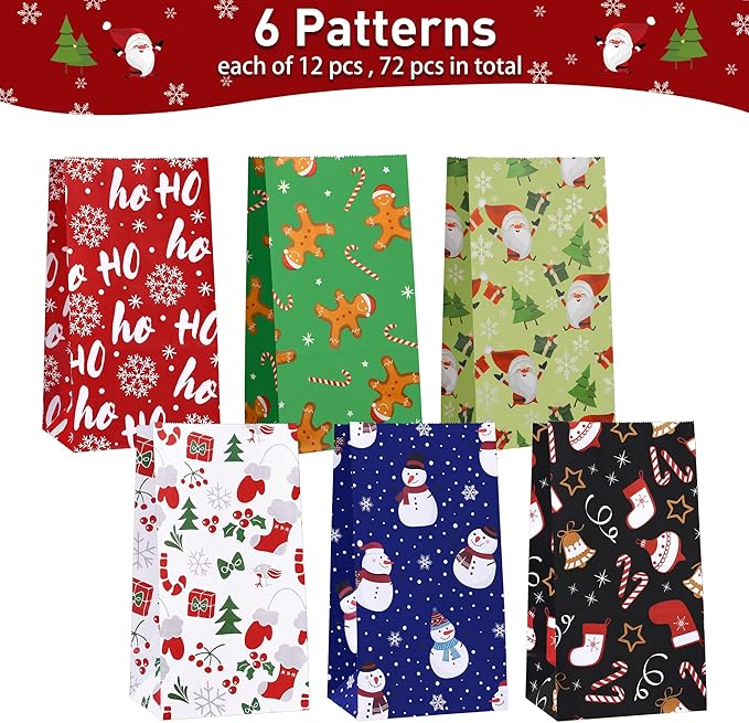 Cooraby 72 Pack Christmas Gift Bags with Tissue Paper Sealing Stickers 9.4 x 5 x 3 Inch Holiday Candy Goody Paper Bags for Xmas Party Supplies Gift Wrapping Decorations