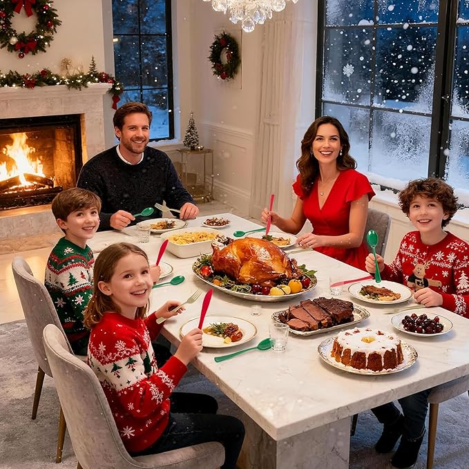 Liacere 100Pack Pre Rolled Silverware and Napkin - Wrapped Plastic Cutlery Set with Napkin:100 Gold Forks,100 Red Knives,100 Green Spoons,100 Napkins for Christmas