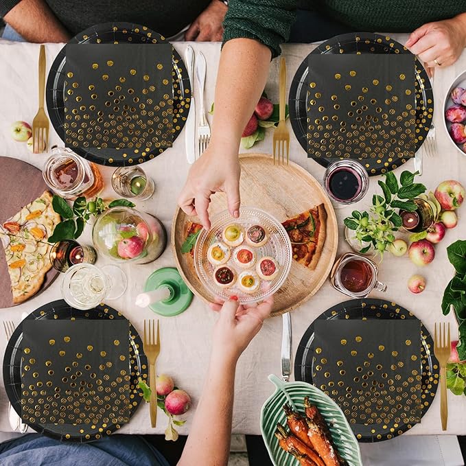 90PCS Black and Gold Paper Plates and Napkins Set, Disposable Gold Dot Party Plates with Napkins Forks Dessert Dinnerware Party Supplies for Wedding, Graduation, Festivals
