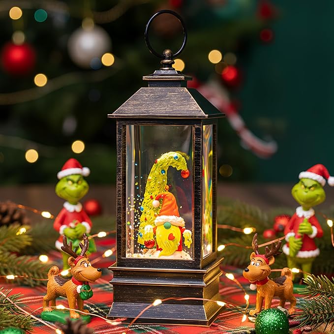 10'' Christmas Gnomes Snow Globe Lantern Lighted Whimsical Christmas Tree & Santa Elf Musical Water Lantern Swirling Glittering Home Decoration and Gift, Battery Operated or USB Powered
