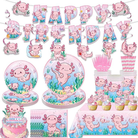 164PCS Pink Cartoon Axolotl Birthday Party Decorations, Tableware Axolotl Party Supplies Plates and Napkins Set, Banner, Hanging Swirls, Tablecloth, Cake Cupcake Topper, Reptile Animals Baby Shower