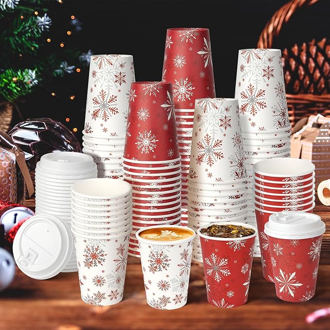 100Set Christmas Paper Cups with Lids 12oz, Bulk Disposable Winter Red Snowflake Cups Coffee Cups, Holiday Paper Cups for Hot Chocolate Cold Drinks Christmas New Year Winter Party Supplies Decorations