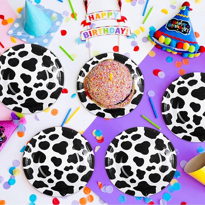 100 Pcs Cow Print Plates 7 Inch Cow Print Paper Party Supplies Disposable Dinner Dessert Plate Cow Theme Birthday Party Baby Shower Picnic Decorations (White)