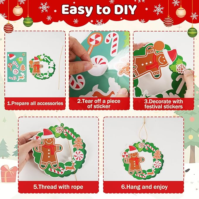 28 Pack Christmas Ornament Crafts for Kids Party Favors, Make Your Own Christmas Wreaths DIY Hanging Ornaments, Christmas Stickers for Crafts Kids Ornament Making Kit for Holiday Xmas Classroom