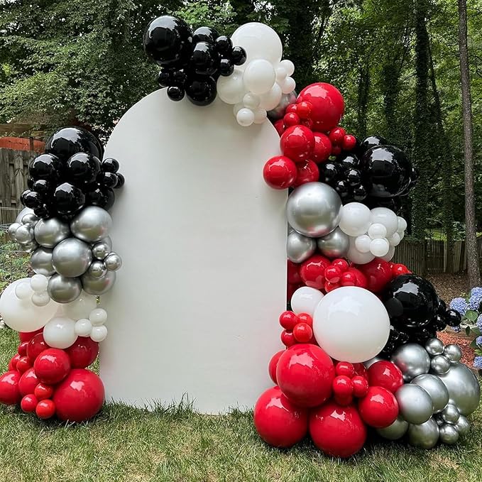Red Black Balloons, 60 Pcs 12 Inch Double Stuffed Red Matte Black White Balloon with Metallic Silver Balloon for Halloween Vampire Prom New Year Race Car Theme Birthday Poker Card Party Decorations
