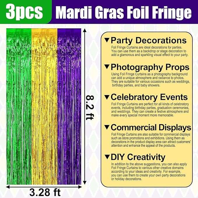 3 Pack Gold Green Purple Foil Fringe Curtain Backdrop, 3.28Ft x 8.2Ft Metallic Tinsel Foil Fringe Streamer Curtains for Photo Booth, Mother's Day, Easter, Birthday, Wedding Party Decorations