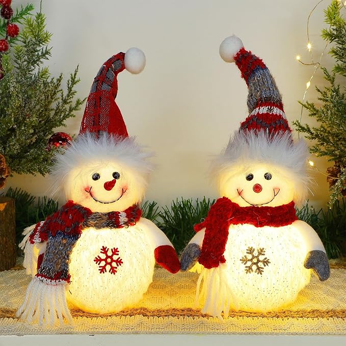 Juegoal 2 Pack Christmas Table Decorations, 10 Inch Lighted Plush Snowmen Figurines, Light Up Snowman Holiday Present, Battery Operated Xmas Gifts Winter Tabletop Ornaments Dinner Party Supplies
