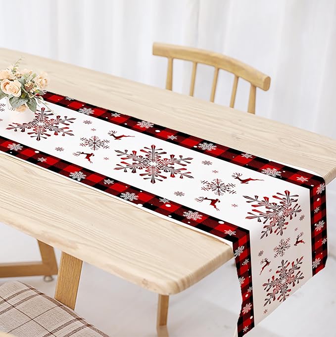 OYIMUA Buffalo Plaid Snowflakes Red Christmas Table Runner, Seasonal Winter Kitchen Dining Table Decoration for Home Party Xmas Decor 13x72 Inch