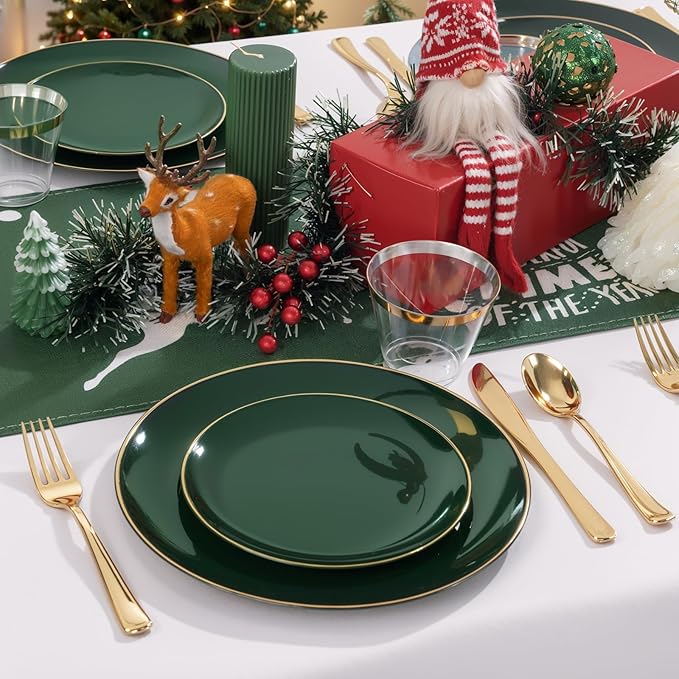 WDF 300Pcs Green Plates Disposable - Heavy Duty Green Plates - 50Guest Christmas Plastic Dinnerware Include 50 Dinner Plate, 50 Dessert Plate, 150 Cutlery & 50 9oz Cups for Christmas Parties