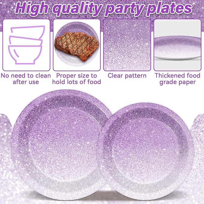 96 Pcs Gradient Pastel Purple Party Supplies Set for 24 Guests - Tableware Plates, Dinnerware, Table Decorations, Sprinkle Wedding & Birthday Party Favors