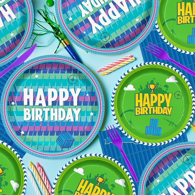 Video Games Party Tableware Supplies，Including Paper Plates Napkins Cups Forks Knives and Straw Video Games Theme Party Birthday Decorations Serve 24 Guests