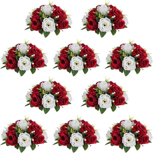 NUPTIO Artificial Flower Centrepieces for Tables - 10 Pcs Crimson & White Fake Flowers Roses Balls 9.5in Diameter - Silk Faux Rose Arrangement for Wedding Party Centerpiece Table Decorations