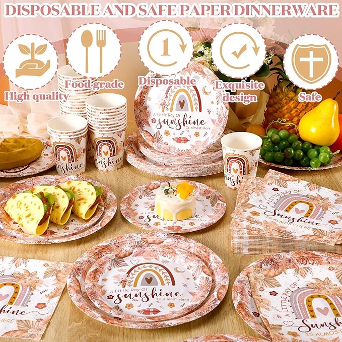 Hsei 250 Pcs Boho Plates and Napkins Party Decorations Disposable Tableware Sets Baby Shower Birthday Party Supplies Serves 50 Guests Dinnerware Bridal Baby Shower Favors