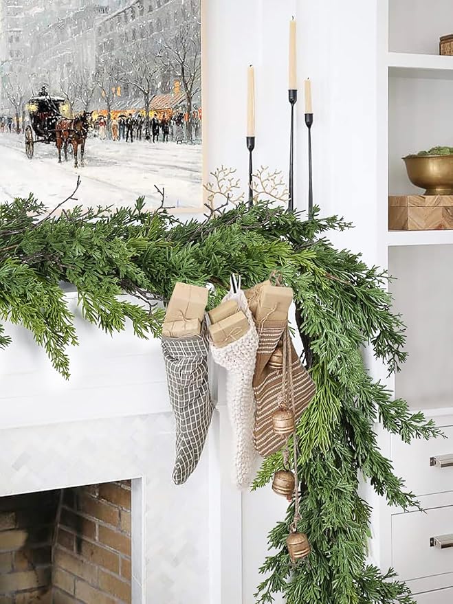 Christmas Pine Garland Greenery Decoration, Artificial Cedar Branches Cypress Garland for Holiday Fireplace Mantel Table Centerpiece
