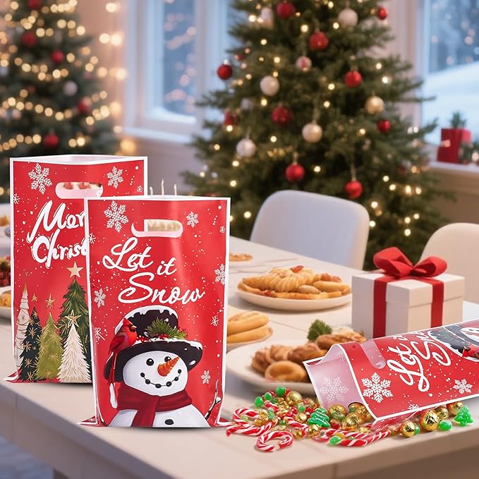 Ahysuet 50Pcs Christmas Goodie Bag, Xmas Party Favors Gift Bags with Handles for Holiday Party Favors Christmas Theme Candy Treat Cookie Bags