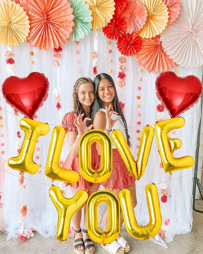 Gold I Love You Balloons and Red Heart Balloons Valentines Decorations Love Heart Balloons for for Valentines Day Bridal Shower Wedding Romantic Special Night Party Supplies Decorations