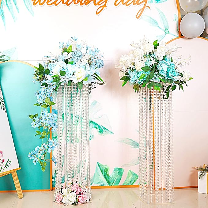 2 Pcs Wedding Centerpieces Table Acrylic Vases with Chandelier Crystal - 31.5in Tall Clear Rectangular Flower Stand Geometric Flower Centerpiece Vase Party Tables Decorations