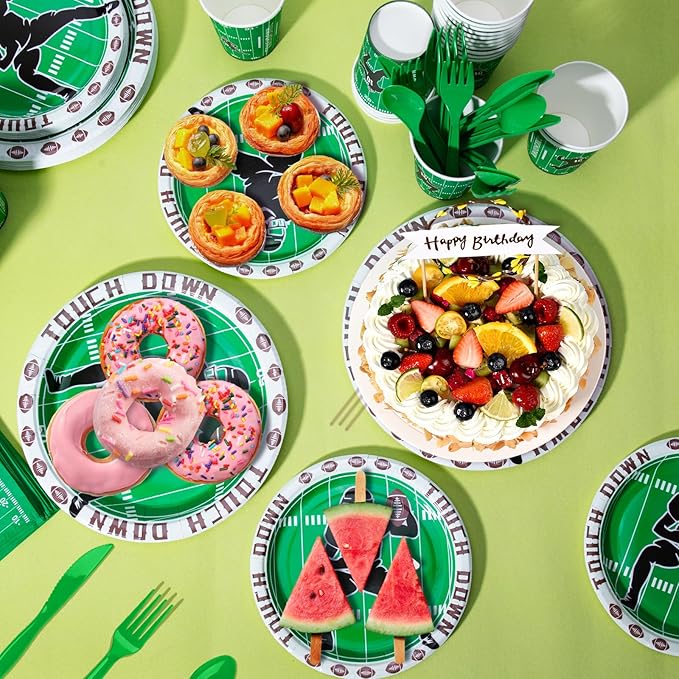 Football Birthday Decorations, 170 Pcs Football Party Decorations Including Banner, Plates, Cups, Napkins, Cutlery, Straws and Tablecloths, Serves 24
