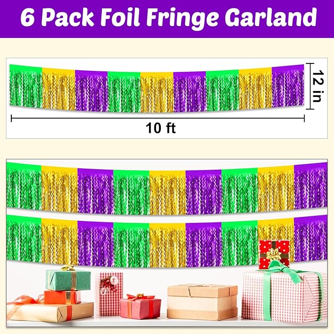 6 Pack 10 Feet Gold Green Purple Wave Foil Fringe Garland Metallic Tinsel Streamers Banner Wall Hanging Curtain Backdrop for Parade Floats, Mother's Day, Easter, Wedding, Birthday Party Decoration