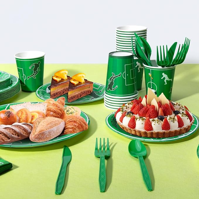 Soccer Birthday Decorations, 170 Pcs Soccer Party Decorations Including Banner, Plates, Cups, Napkins, Cutlery, Straws and Tablecloths, Serves 24