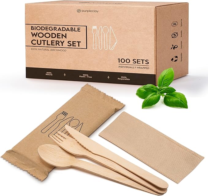PURPLECLAY Disposable Wooden Utensils 300 PCS (100 Sets) Cutlery Wrapped with Fork, Spoon, Knife, Napkin