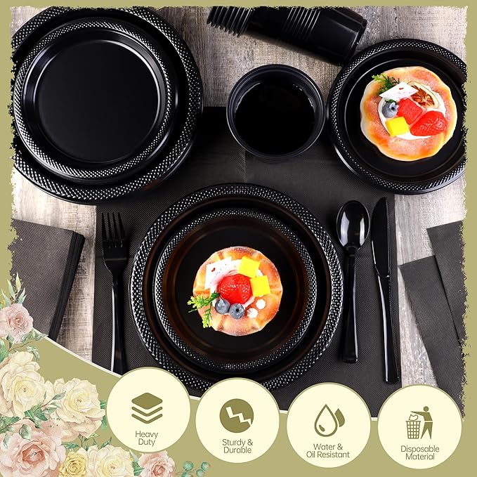 240 Pieces Black Plastic Dinnerware Set for 30 Guests Disposable Party Plates Napkins Cups and Silverware Dessert Dinner Plates for Birthday Wedding Halloween Party Supplies