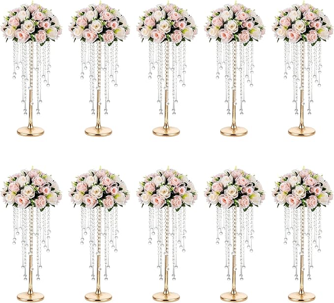 NUPTIO Gold Vases for Centerpieces Wedding - 10 Pcs 21.7in Tall Vase Centerpieces for Tables - Chandelier Flower Stand Bulk
