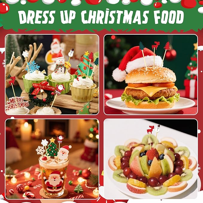 100 Pcs Christmas Cocktail Picks,Holiday Toothpicks for Appetizers,Cocktail Toothpicks for Christmas Themed Party Supplies,Christmas Theme Toothpicks