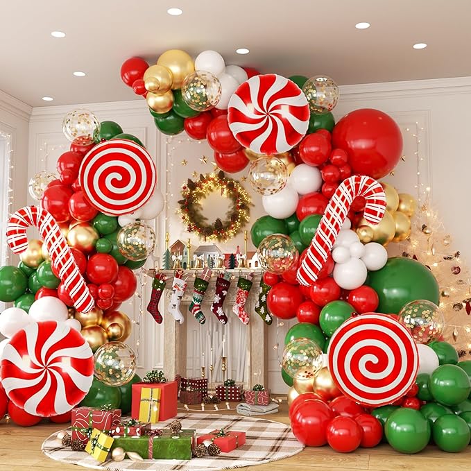 165Pcs Christmas Balloon Garland Arch Kit, Xmas Holiday Balloons Red Green White Glod Confetti Balloons with Large Candy Cane Swirl Mylar Foil Balloons, Rich for Christmas Party Decorations