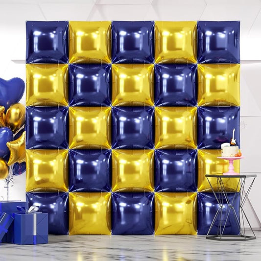 NISOCY 25PCS Blue Gold Square Foil Balloons Wall Backdrop Double Sided Navy Blue Gold Balloons Arch Kit for Birthday Graduation Baby Shower Wedding Anniversary Party Decorations