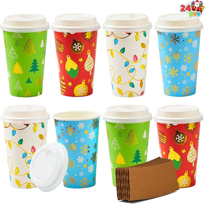 JOYIN 24 PCS Christmas Disposable Paper Cups, 16 oz Merry Christmas Party Cups With Cup Sleeves and Lids, 4 Designs Xmas Drinkware Winter Drink Cups, Tableware Holiday Supplies Decoration