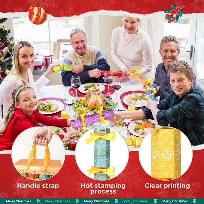 MOVINPE 8 Pack Christmas No Snap Party Table Favors, 10” Christmas Table Decorations with Gemstone Necklaces, Paper Crown, Joke Card, Traditions Holiday Family Dinner Gift Set