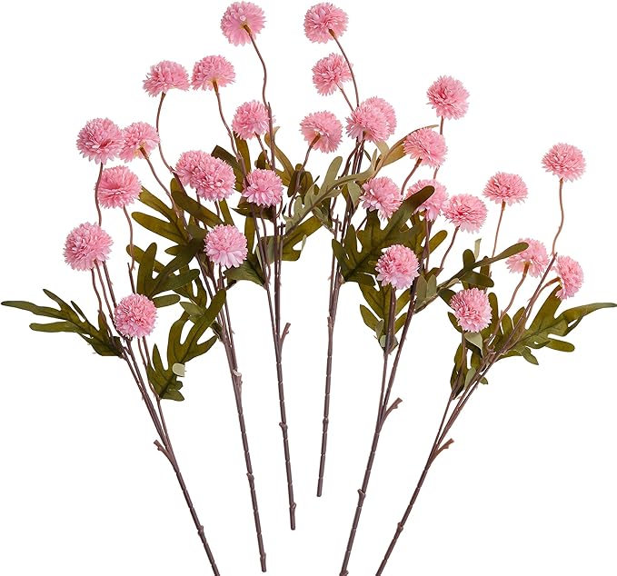 SITUMEIZI Pink Pompon Mum Artificial Flowers Faux Silk Mums Mini Chrysanthemum with Stems 6Pcs for DIY Pink Wedding Centerpieces Floral Arrangements