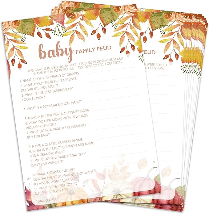 Baby Shower Games Cards, Autumn Baby Family Feud, Thanksgiving Boy or Girl Baby Gender Reveal Party Favors Decorations and Supplies, 25 Pcs Double-Sided - E06