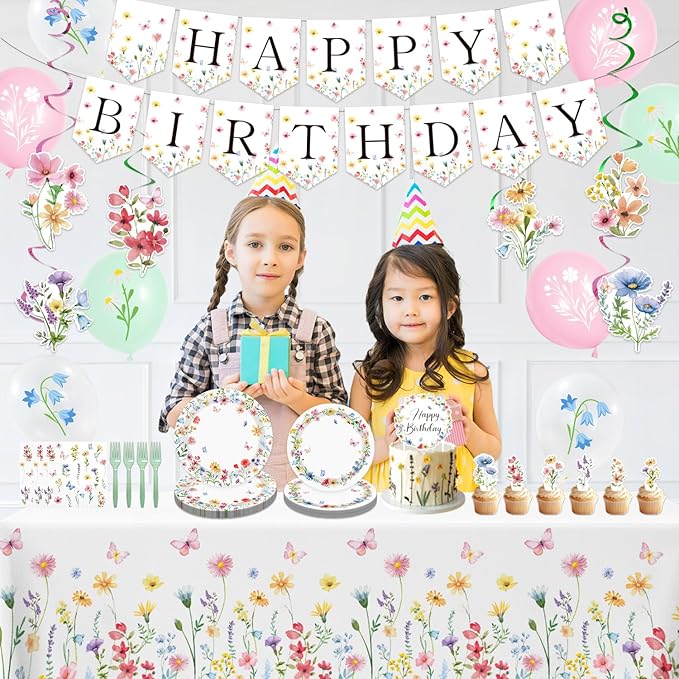 143PCS Spring Wildflower Party Supplies Birthday Decorations Plates Napkins Set, Banner, Hanging Swirls, Tablecloth, Cake Topper, Balloon,Floral Baby Shower, Serves 20