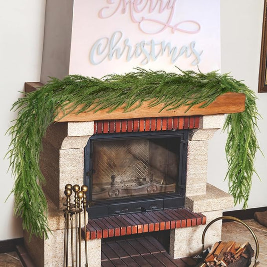 2 Pcs 6Ft Garland Christmas Decorations Norfolk Pine Garland Real Touch Winter Pine Garlands, Green Artificial Faux Greenery Garlands for Table, Mantle, Wall, Outdoor Home Decor Xmas Holiday Seasonal