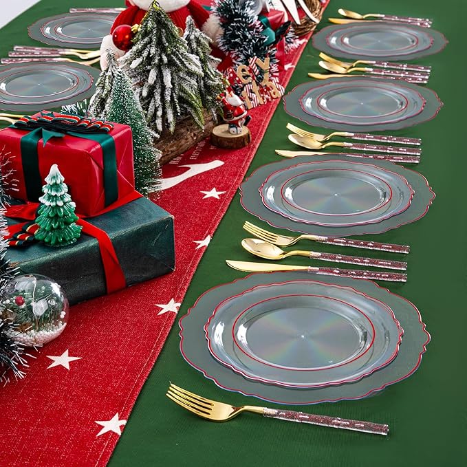 Liacere 150PCS Clear and Red Plastic Plates-Clear Red Disposable Plates with Glitter Bamboo Handle Cutlery-60 Baroque Elegant Plates,30 Forks,30 Spoons,30 Knives for Wedding&Christmas