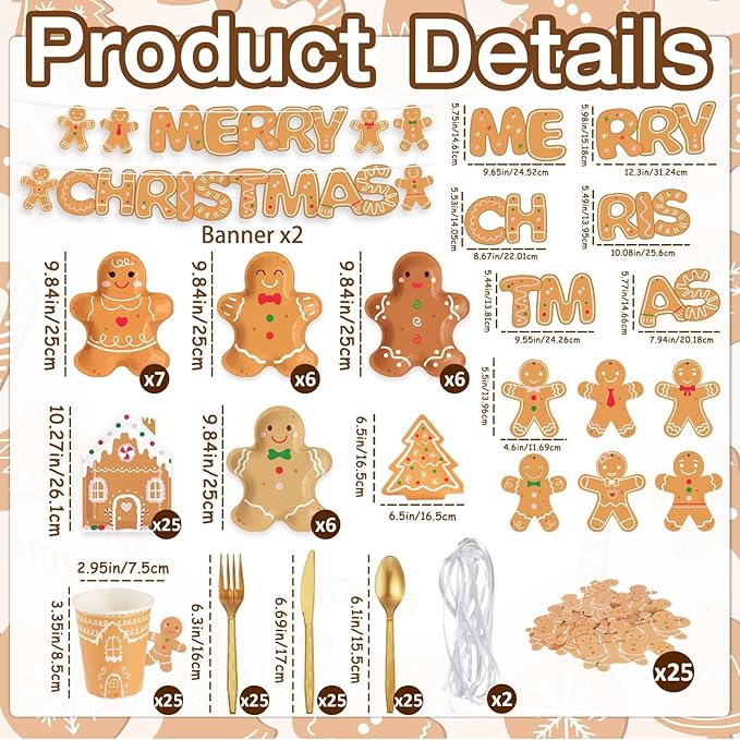 OuMuaMua 177Pcs Gingerbread Christmas Disposable Tableware Set,Gingerbread Man Paper Plates Christmas Tree Napkins Cups Banner Cutlery Dinnerware Set for Xmas Holiday Party Supplies Decor, Serves 25