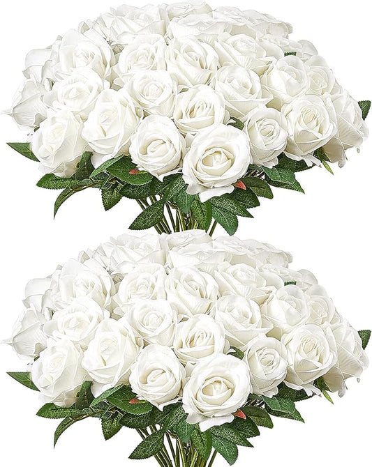 VEVOR Artificial Flowers, 60 pcs Real Looking White Foam Fake Roses Bulk, White Faux Bridal Shower with Stems for DIY Wedding Bouquets, Home Centerpieces Arrangements, Party Tables Decorations