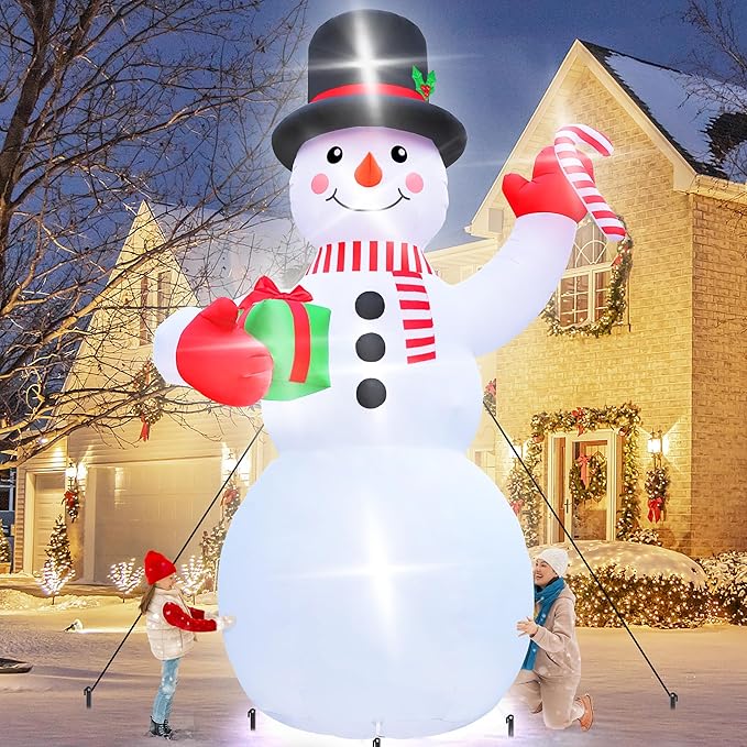 Christmas Inflatables, 14FT Snowman with Present Box and Candy Cane, Lighted Christmas Snowman Blow Up Decorations, Christmas Outdoor Inflatable Decor for Xmas Holiday Party Lawn Garden Patio